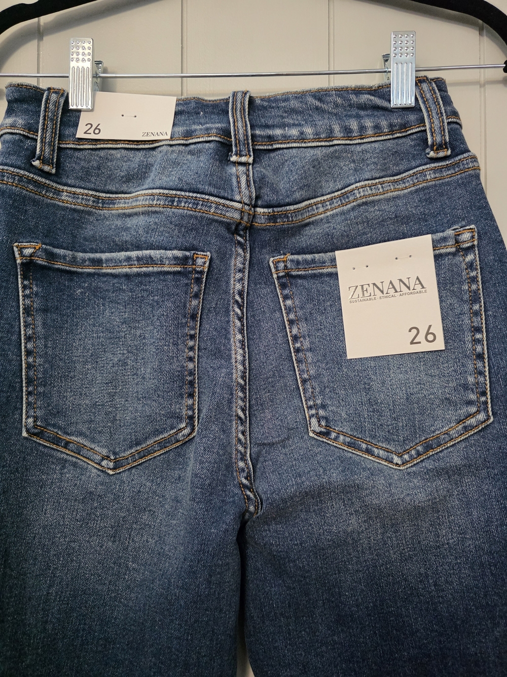 Zenana Outfitters Distressed Dark Blue Flare Crop Jeans - Picture 3 of 6